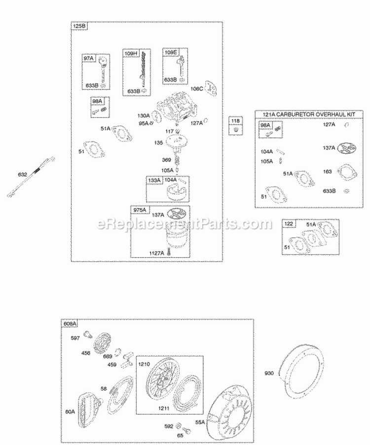 Carburetor Kit - Carburetor Overhaul Rewind Starter Diagram and Parts List for 20C114-0274-E1  Briggs and Stratton Engine